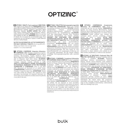 BULK OptiZinc Pure comprimés 30 mg 270 unités zinc méthionine
