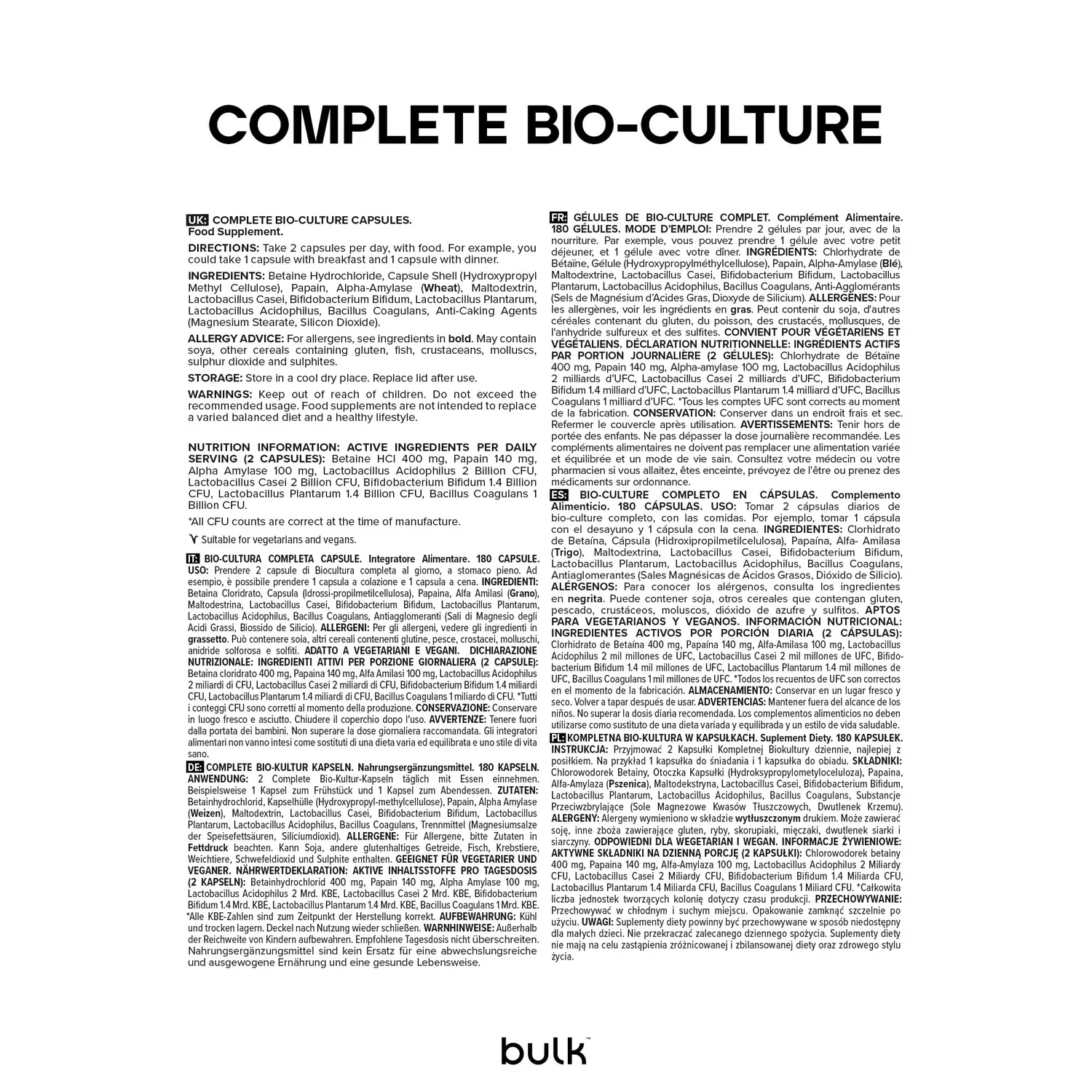BULK Bio-culture complète complément 180 unités, 5 souches et 3 enzymes