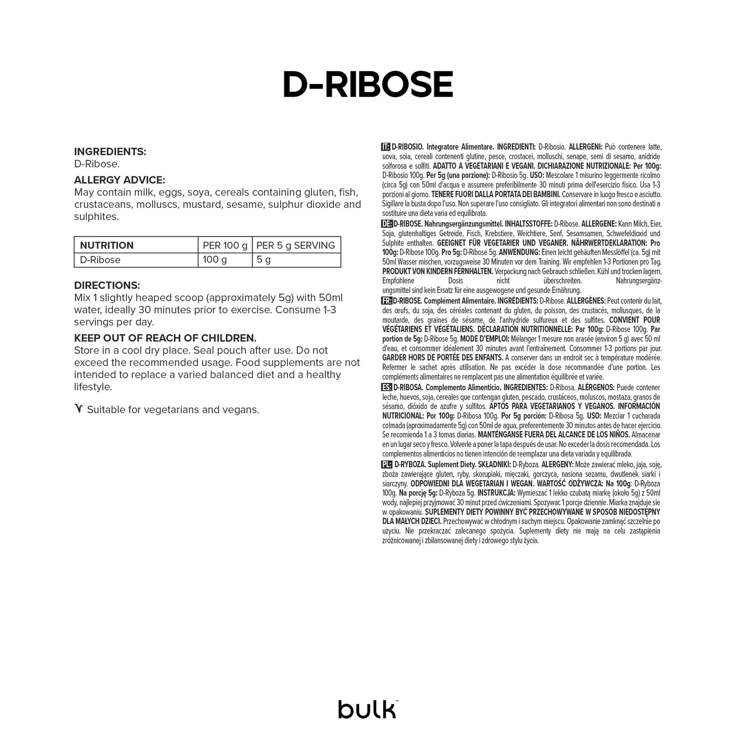 BULK D-ribose poudre 1 kg pure