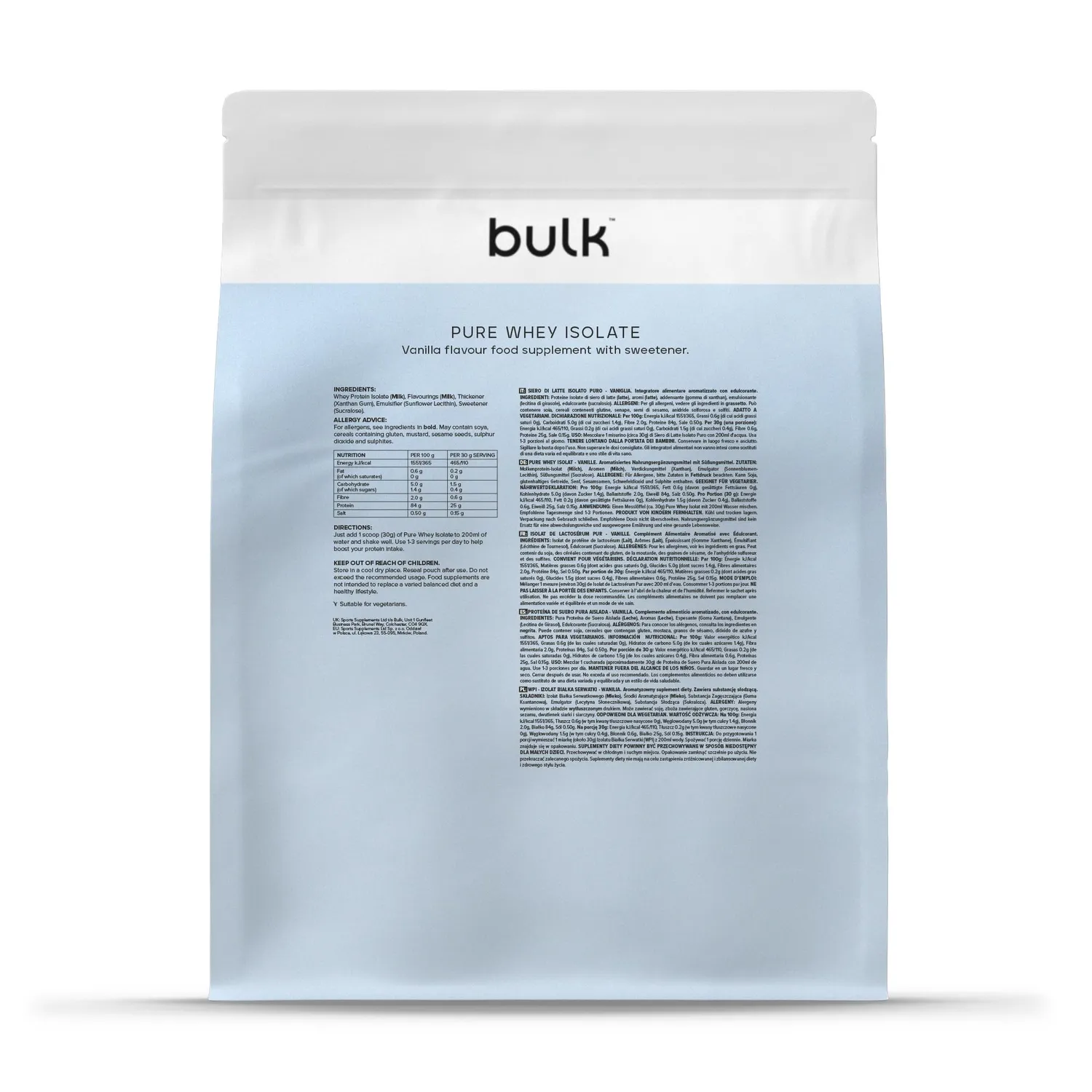 BULK Pure Whey Isolate 90 isolat de whey vanille 1 kg