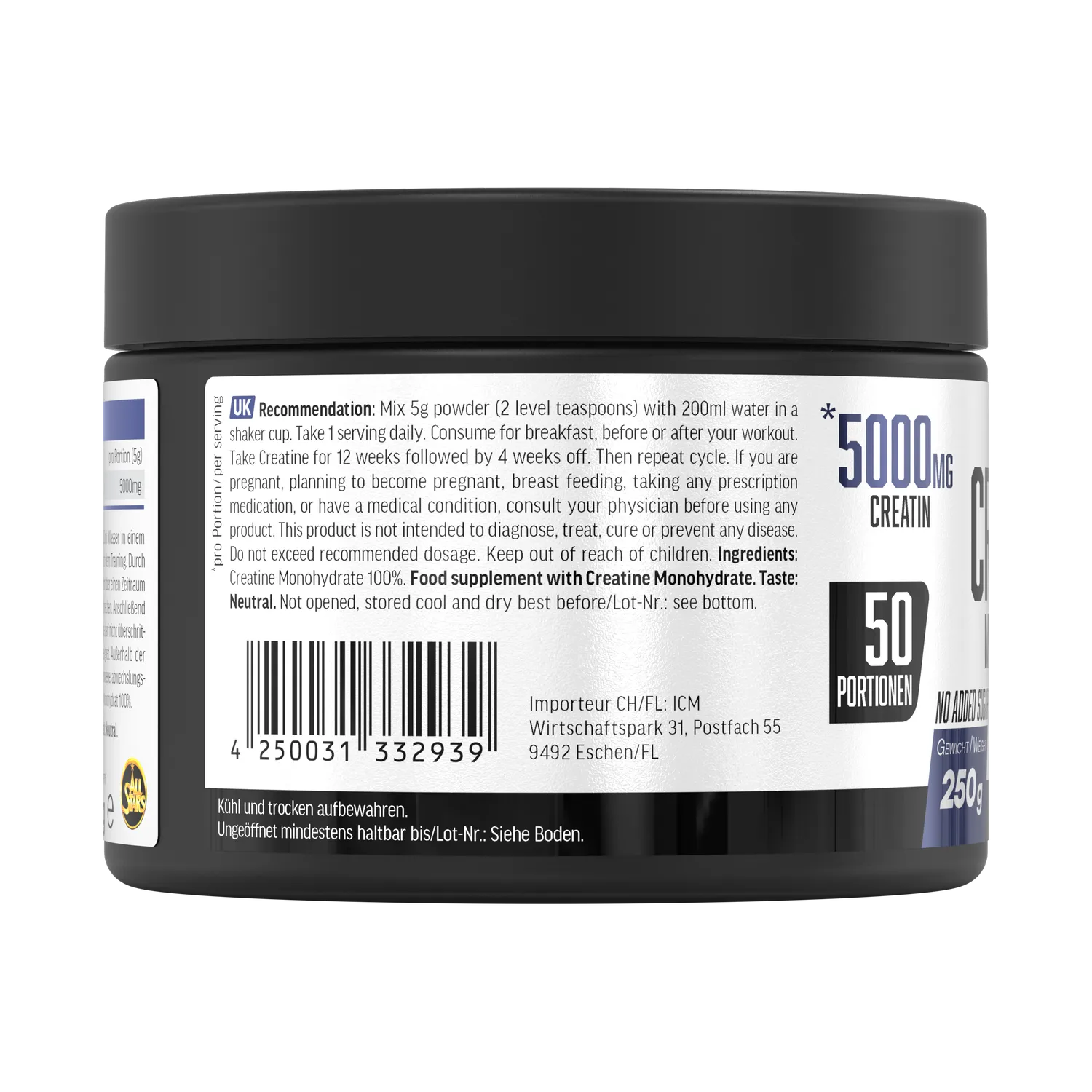 AllStars Creatin Monohydrat créatine en poudre 250 g pure sans arôme