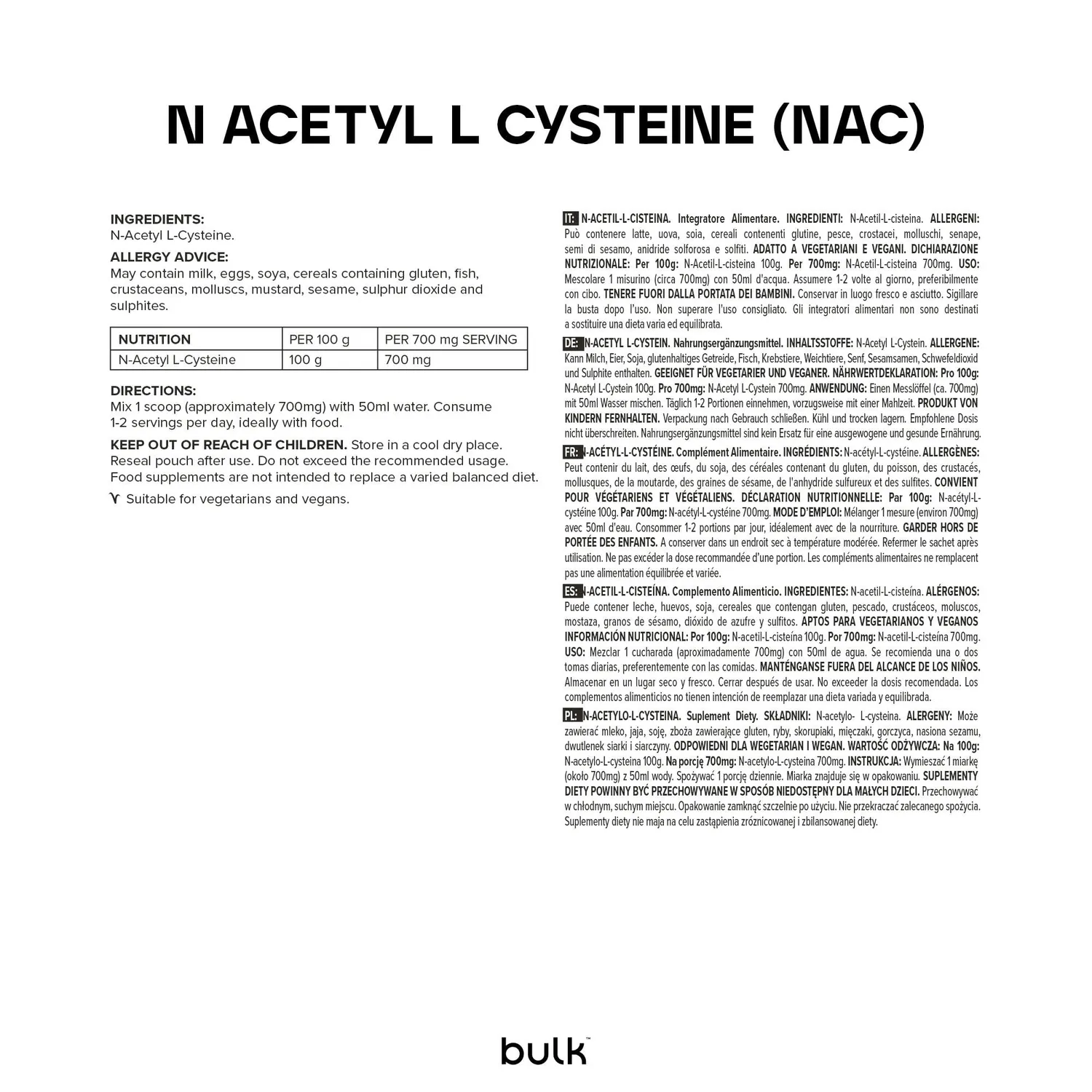 Bulk NAC N-acétyl L-cystéine poudre pure 500 g