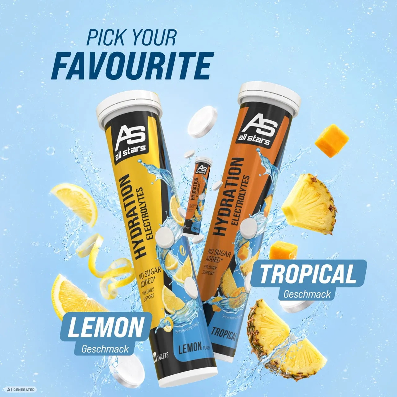 AllStars Hydration Electrolytes comprimés effervescents Lemon et Tropical 20 sans sucre ajouté