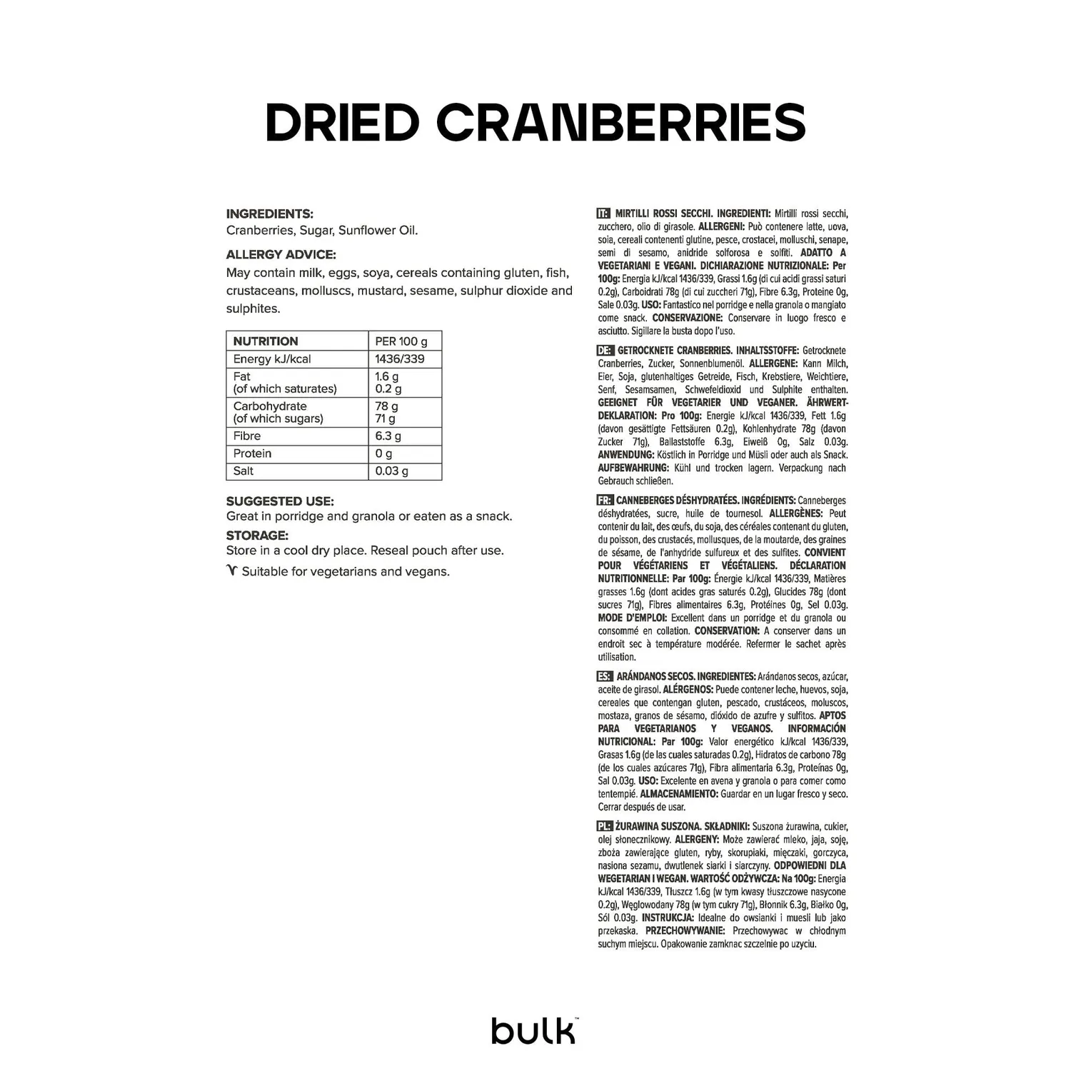 BULK Canneberges séchées 500 g sans additifs