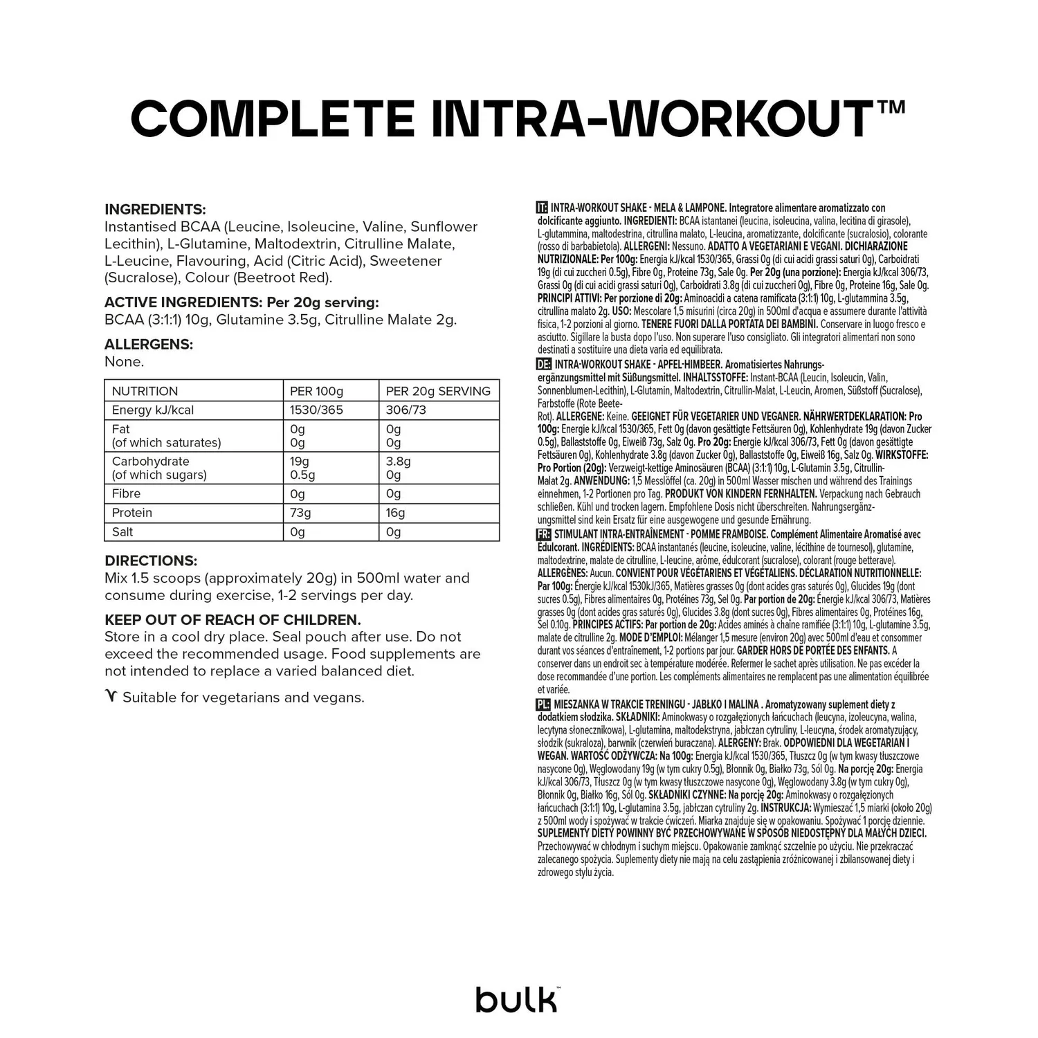 BULK Complete Intra-Workout boisson pomme et framboise 500 g BCAA