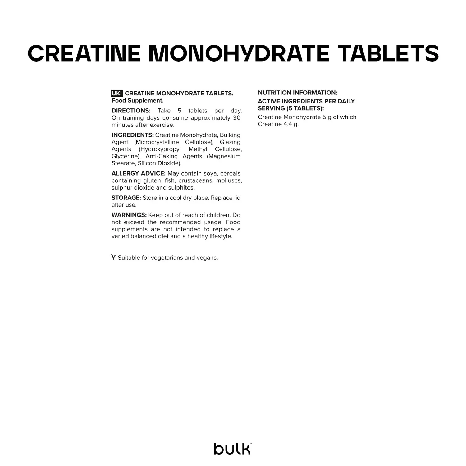 BULK Créatine Monohydrate Tablets 1000mg 270 comprimés