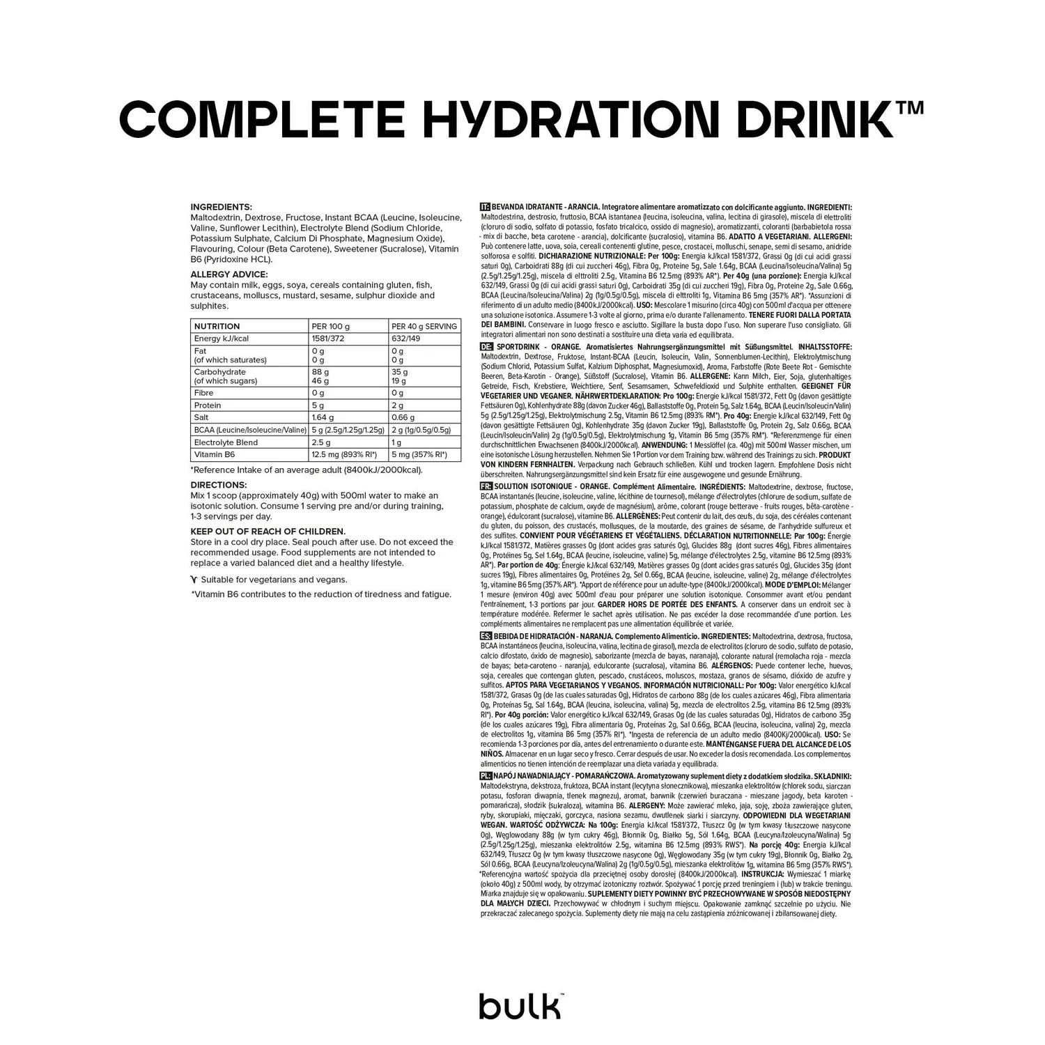 BULK Complete Hydration Drink boisson d’hydratation orange 2,5 kg