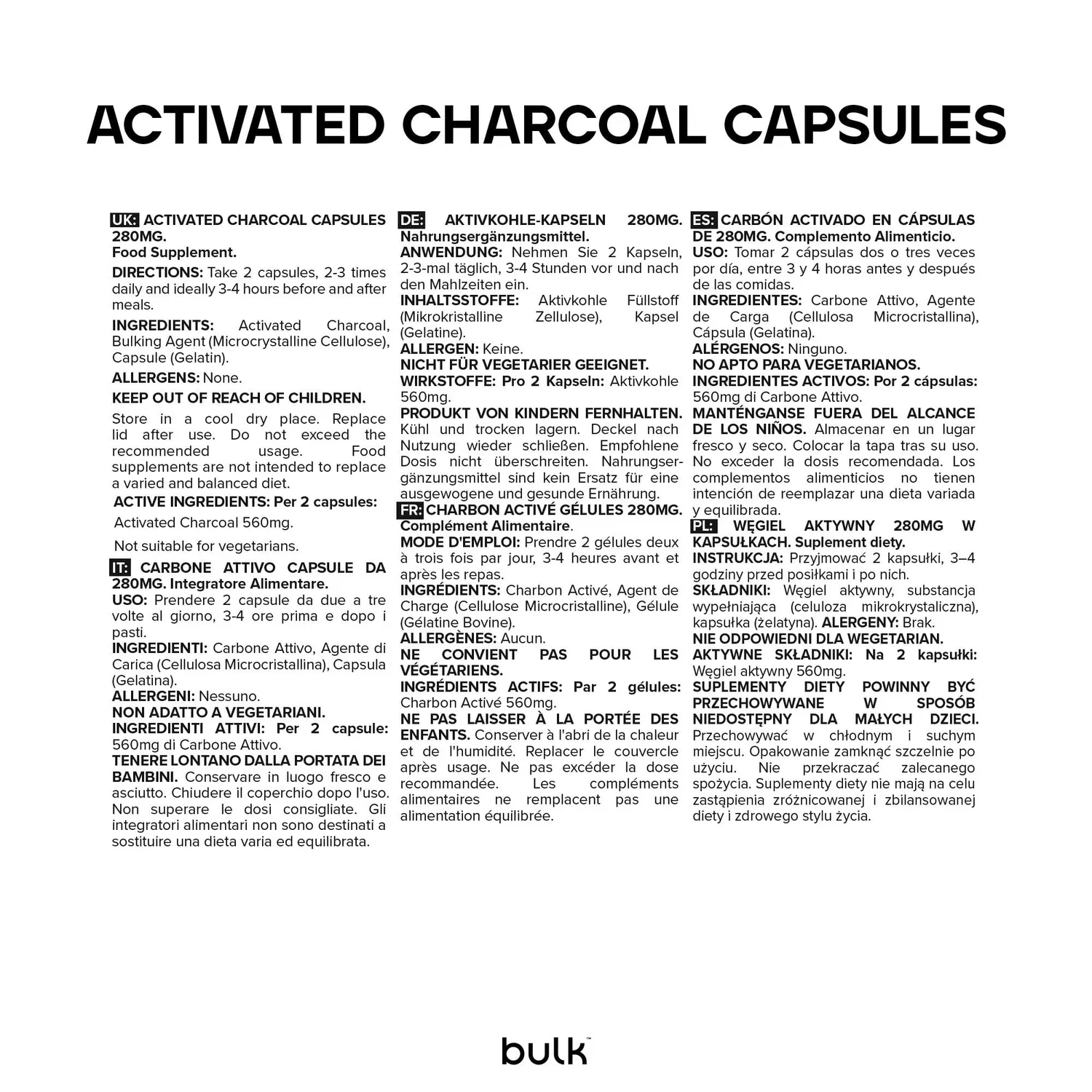 BULK Capsules de charbon actif 280 mg 60 gélules