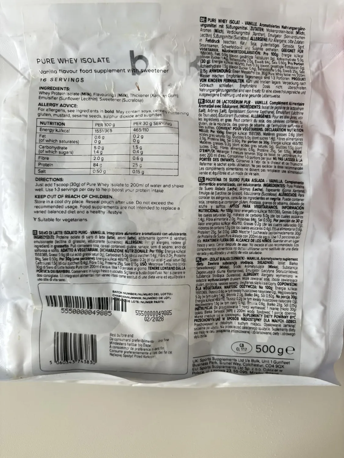 BULK Pure Whey Isolate 90 isolat de whey vanille 1 kg