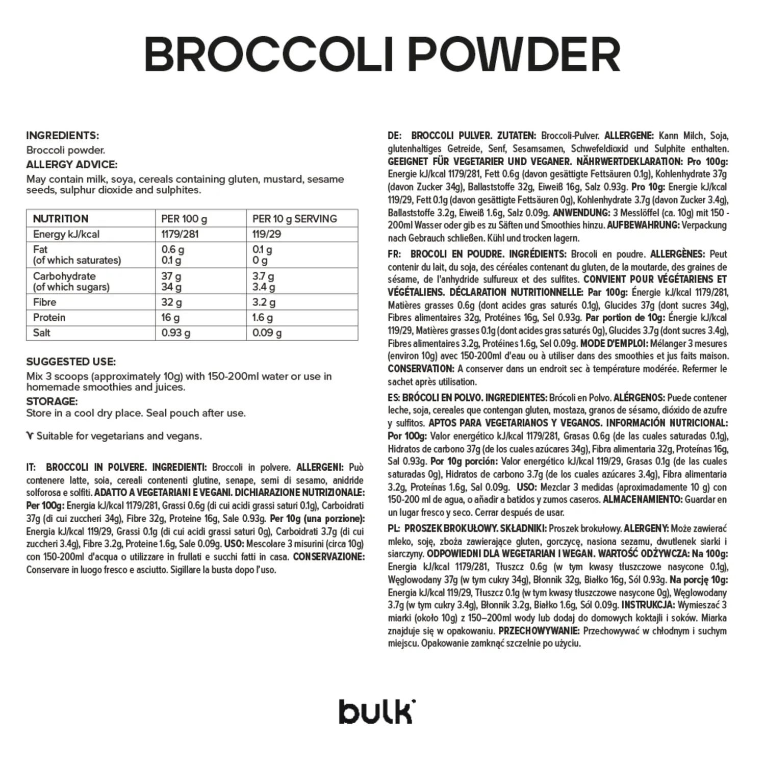 BULK Poudre de Brocoli 500 g sans additifs