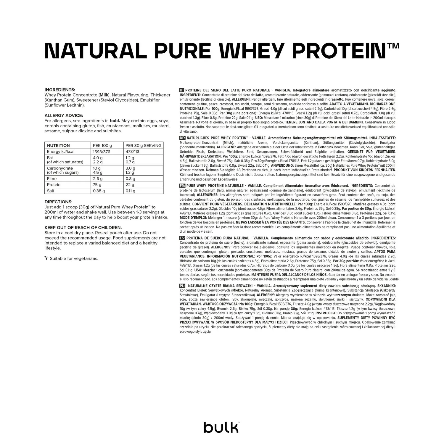 BULK Pure Whey protéine naturelle vanille 2,5 kg à la stévia