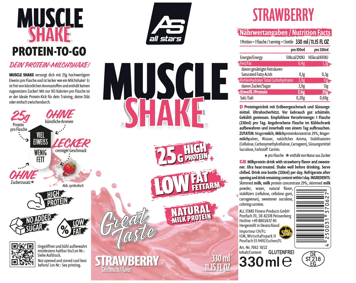 AllStars Muscle Shake boisson protéinée 330 ml Vanille, lot de 12
