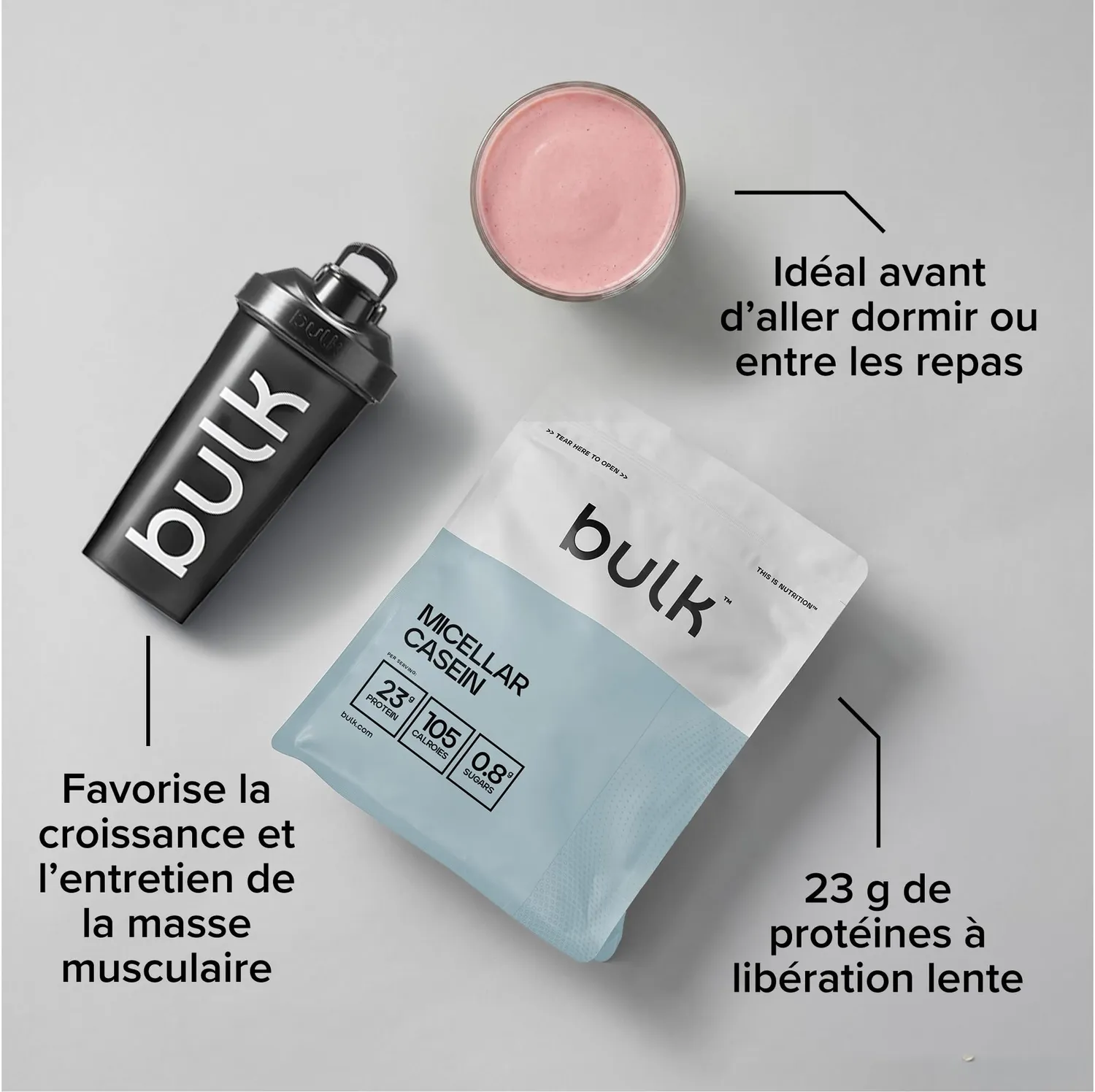 BULK Caséine Micellaire protéine fraise 500 g assimilation lente