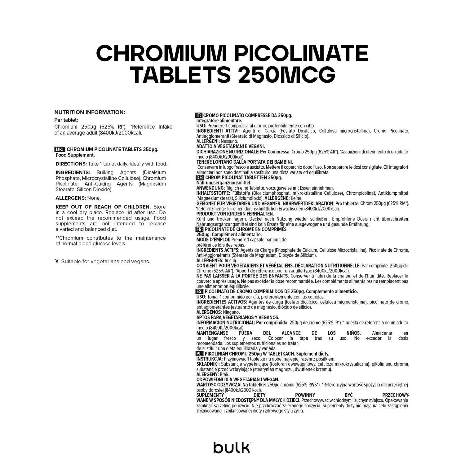 BULK picolinate de chrome 250 mcg comprimés 180 unités