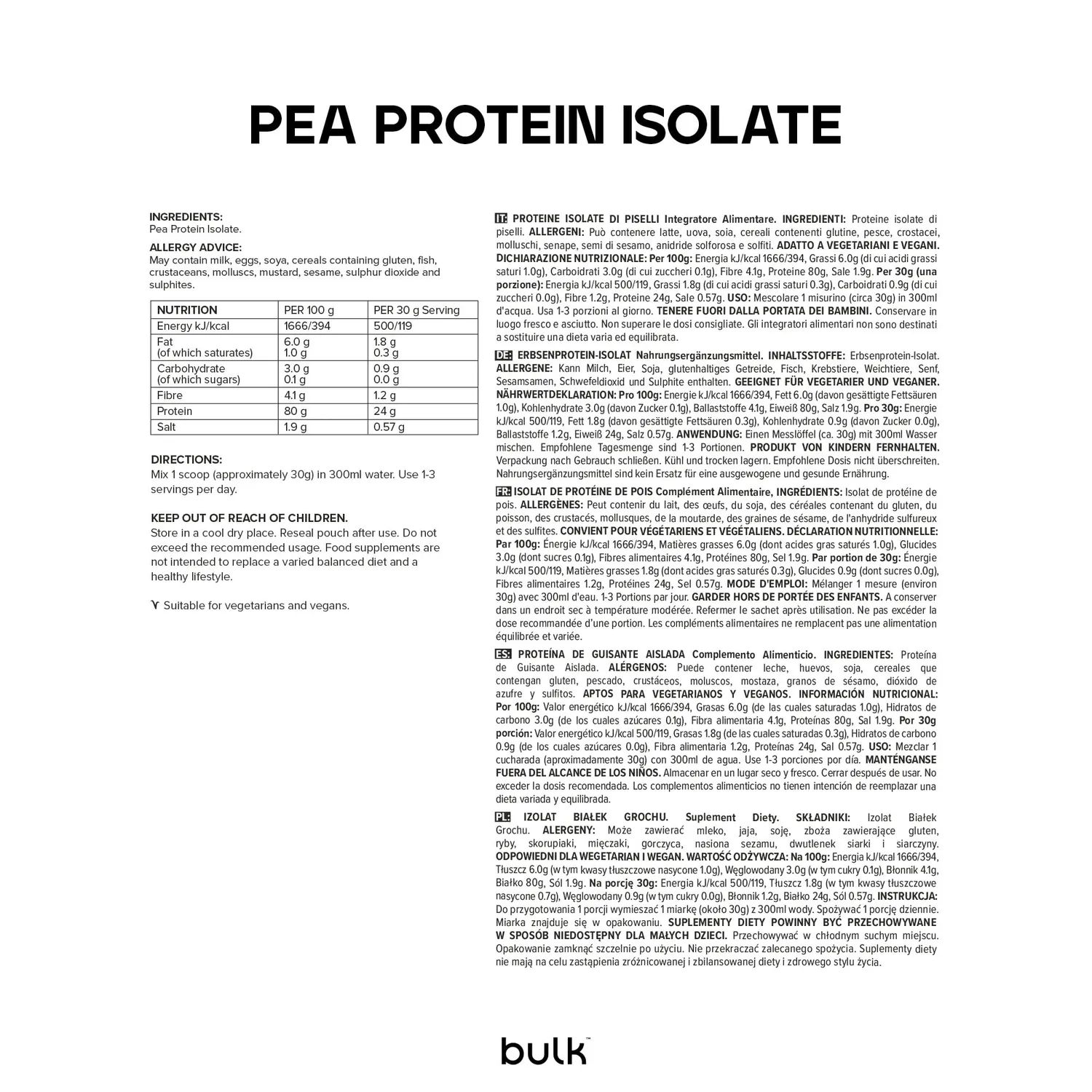 BULK Isolat de protéine de pois en poudre nature 1 kg vegan