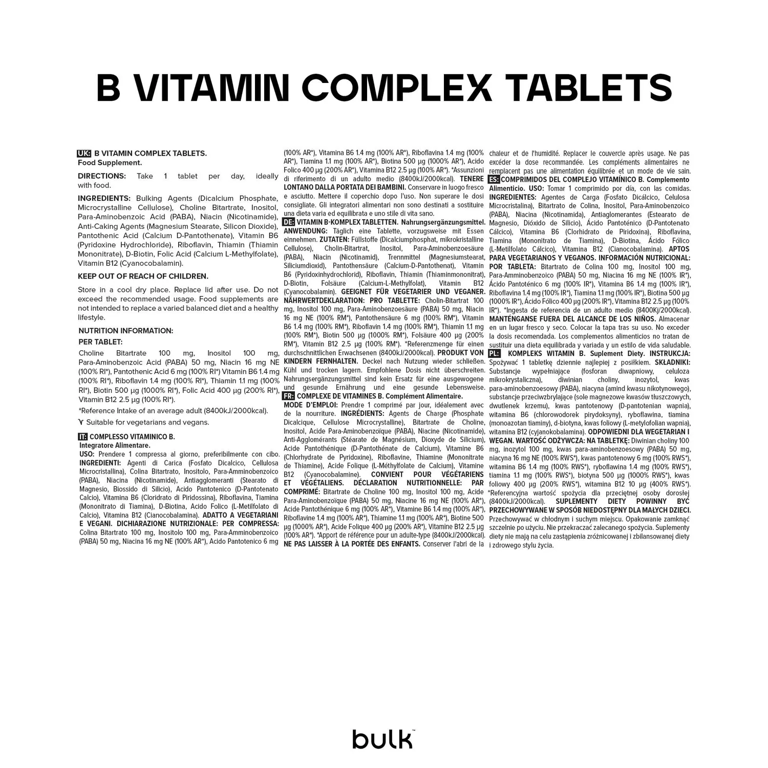 Bulk Complexe Vitamines B comprimés 180 biotine