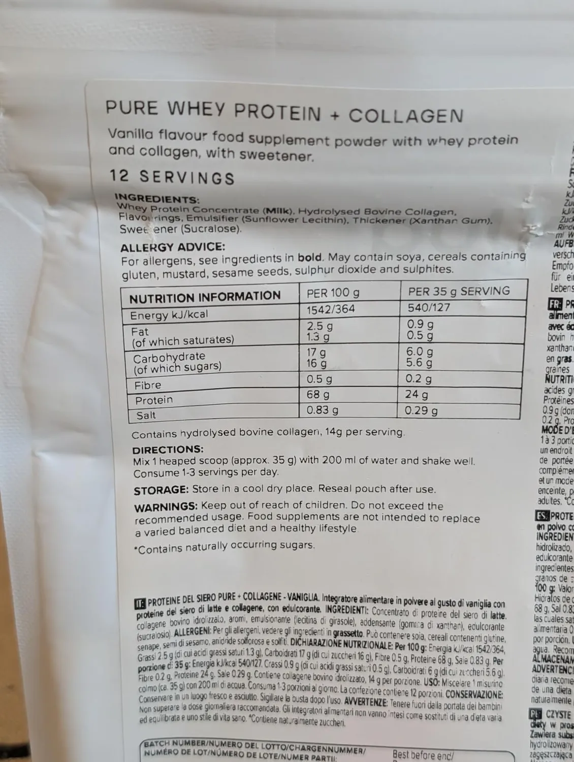 BULK Pure Whey Protein + Collagène poudre vanille 900 g 14 g collagène