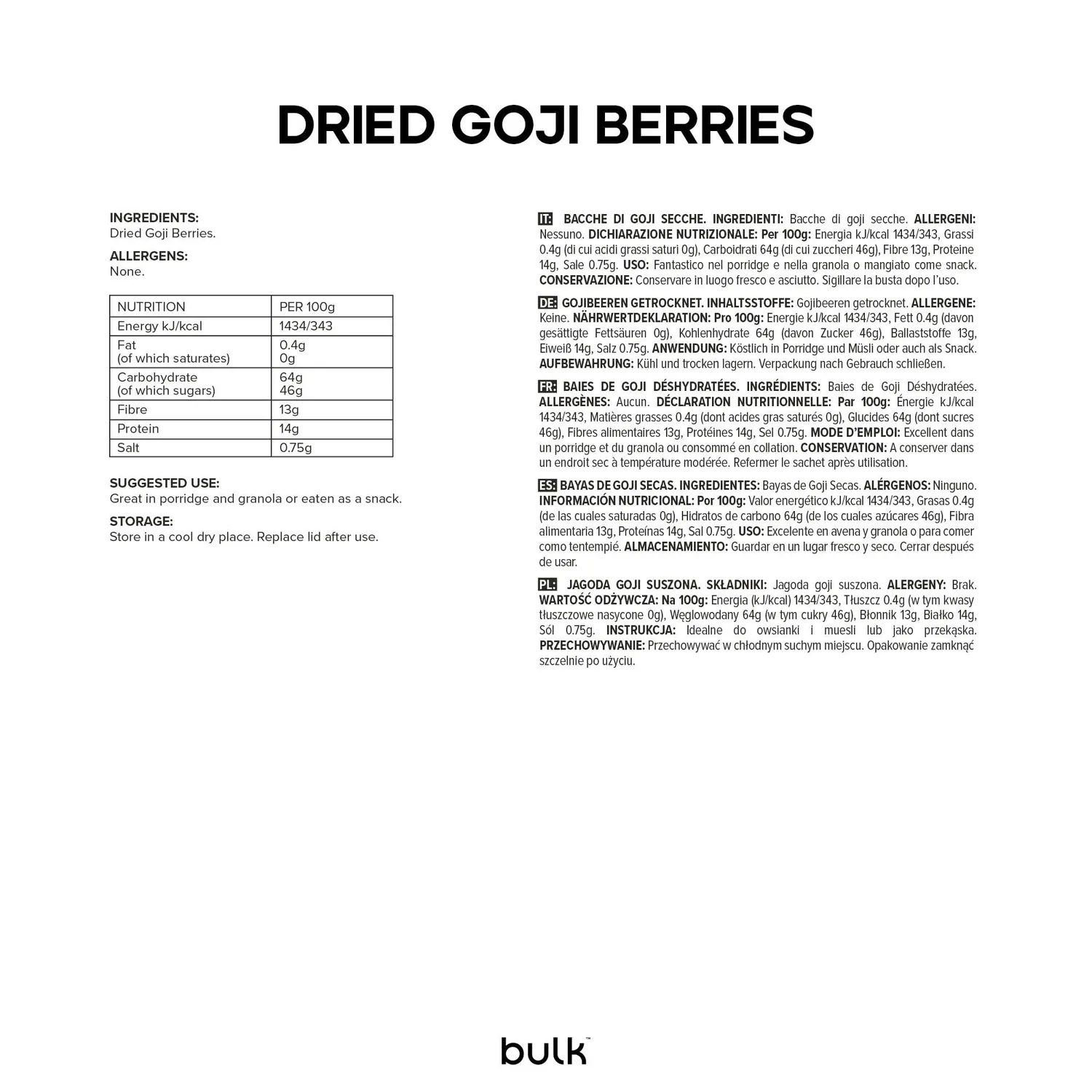 BULK Baies de Goji séchées 500 g sans additifs