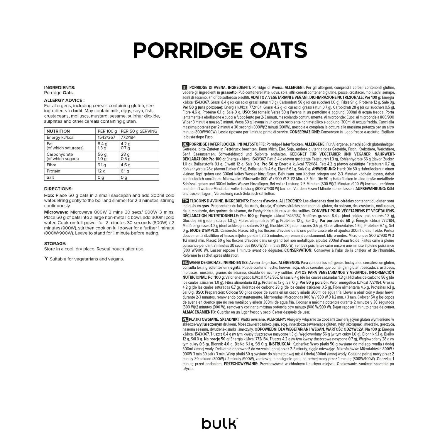 Bulk Porridge Oats flocons d'avoine nature 2,5 kg