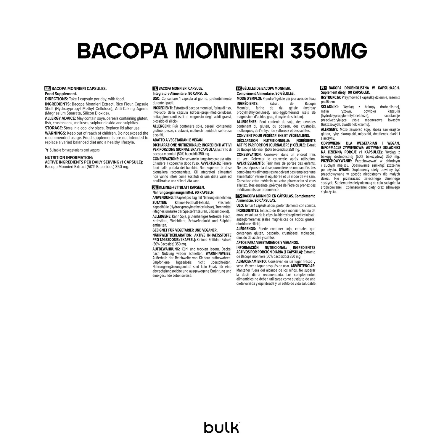 Bulk Bacopa Monnieri gélules 350 mg standardisé bacosides