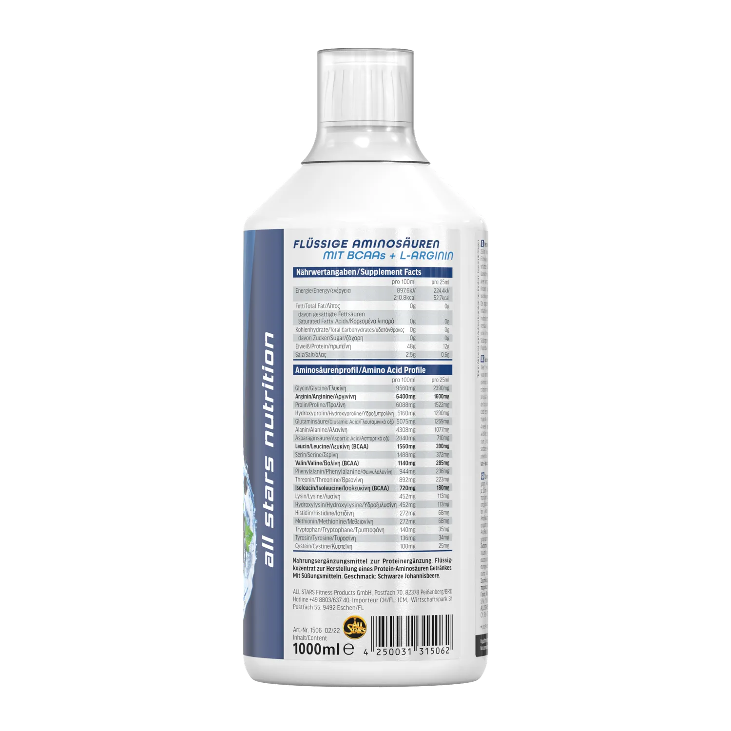 AllStars Amino Liquid boisson d’acides aminés orange 1000 ml sans sucre