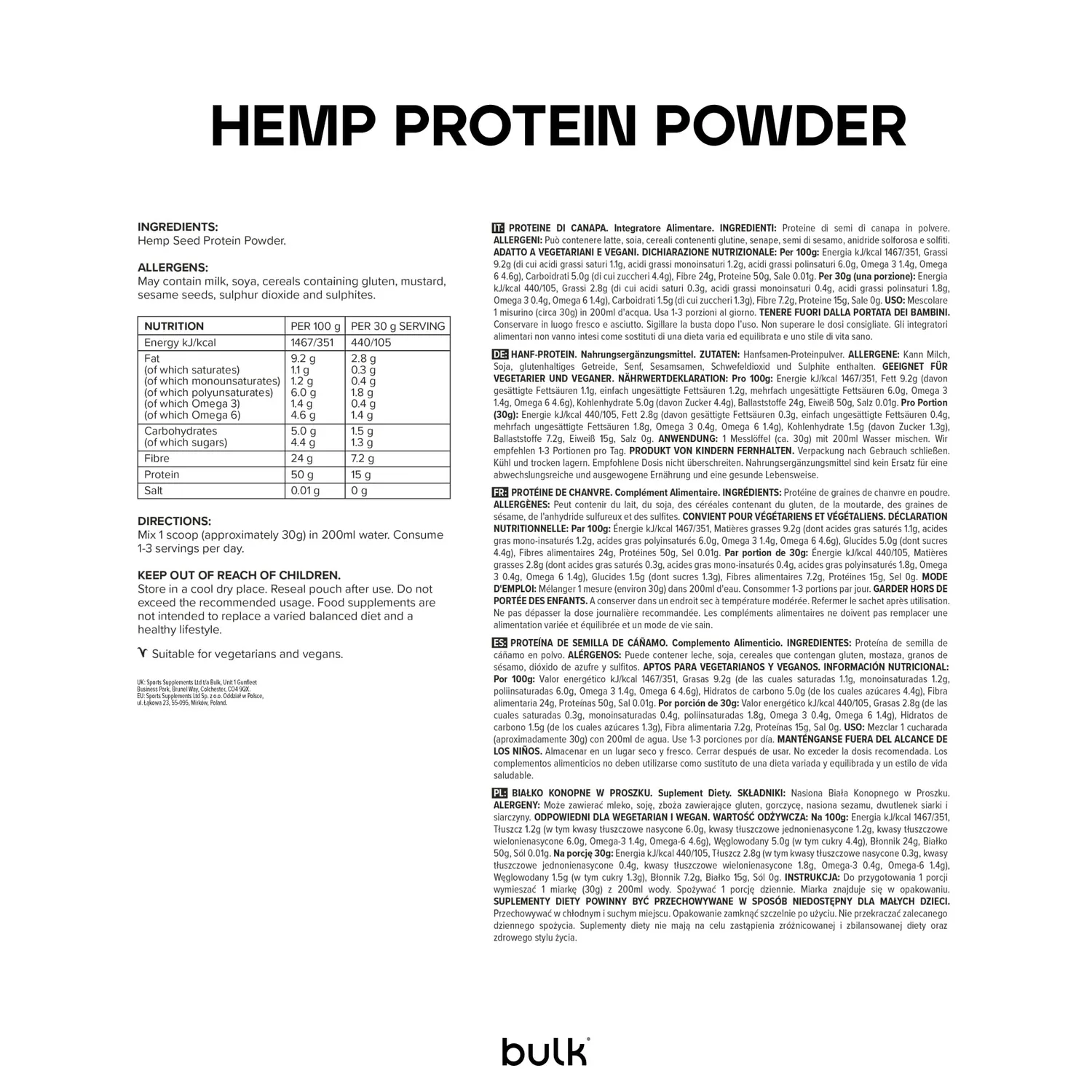 BULK Protéine de Chanvre poudre protéinée bio nature 500 g