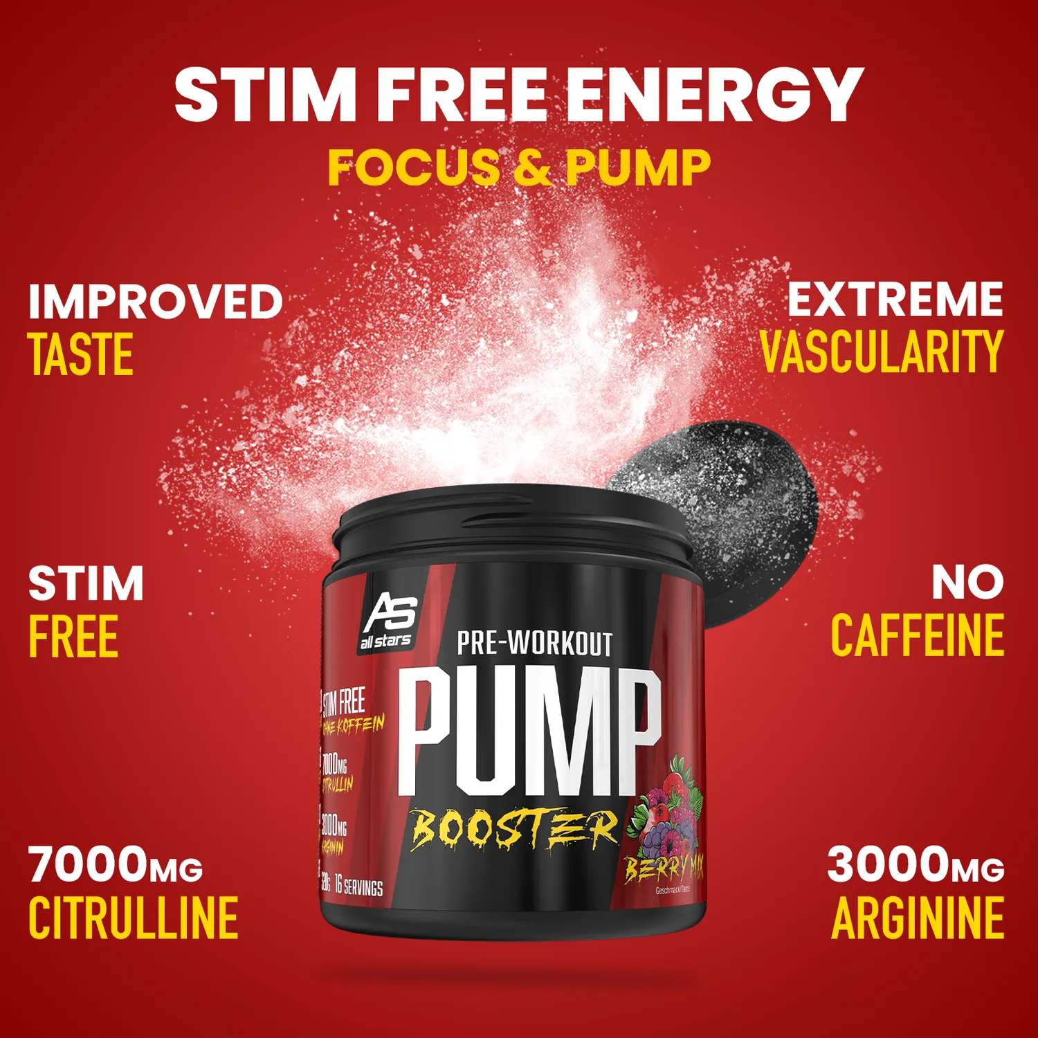 AllStars Pump Booster booster pré-entraînement Fruity Berry Mix 320 g sans caféine