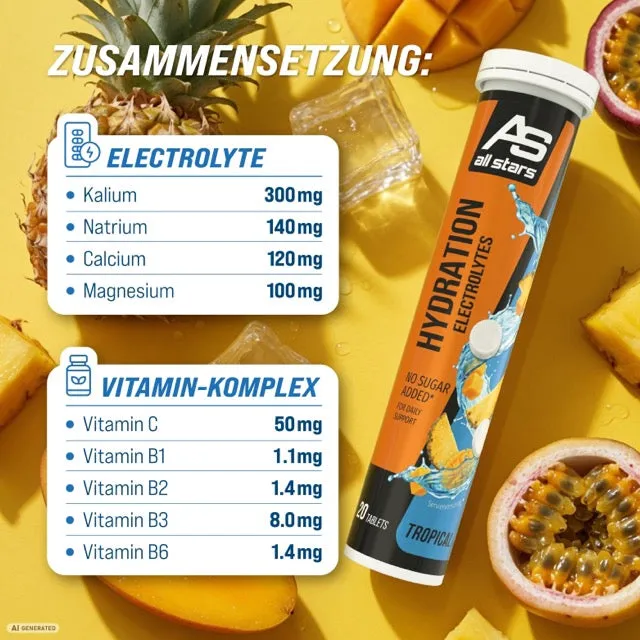 AllStars Hydration Electrolytes comprimés effervescents Lemon et Tropical 20 sans sucre ajouté
