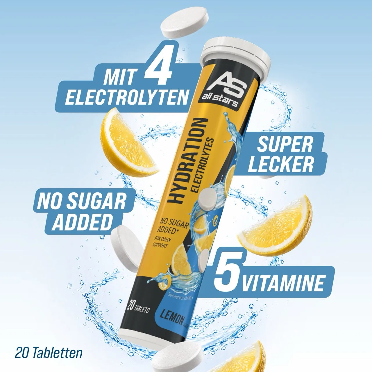AllStars Hydration Electrolytes comprimés effervescents Lemon et Tropical 20 sans sucre ajouté