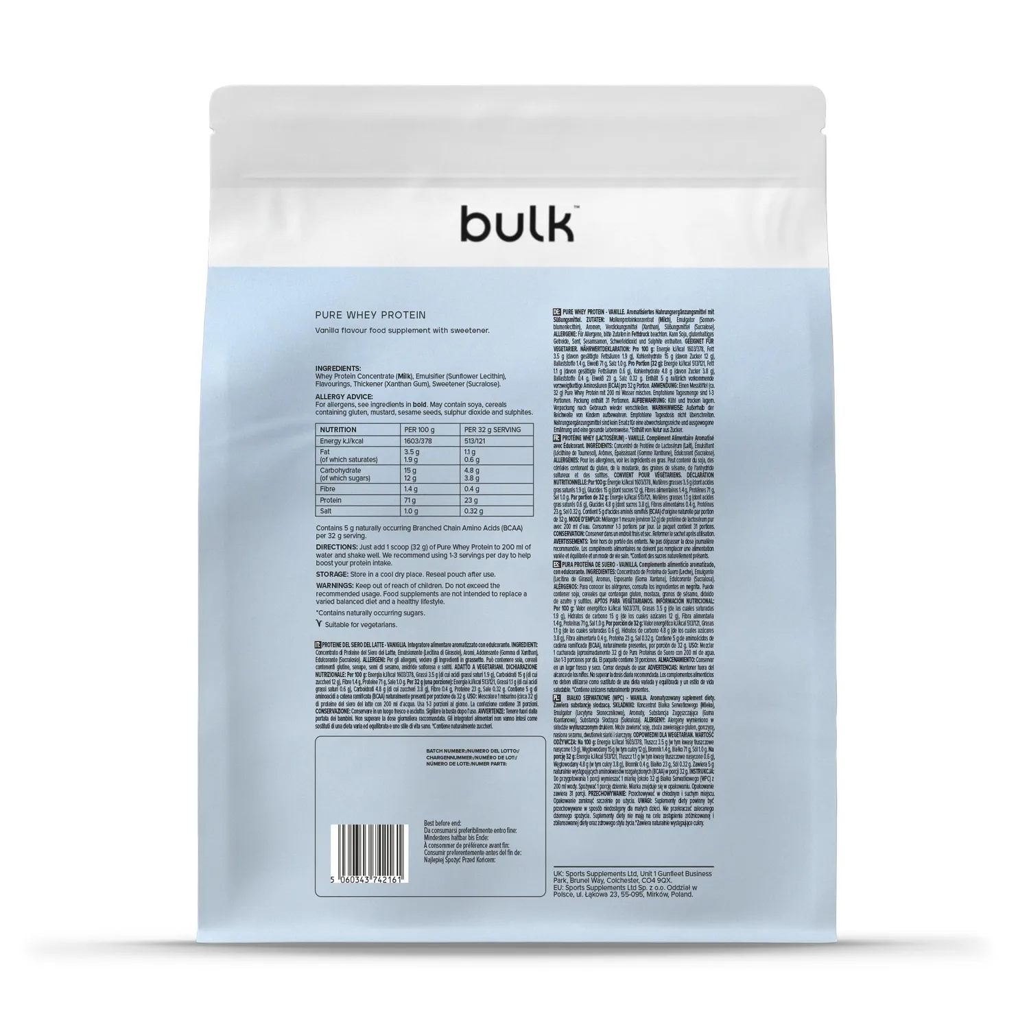 BULK Pure Whey protéine en poudre 1 kg Vanille moins sucrée