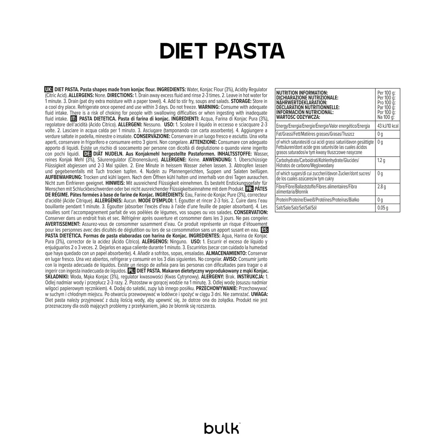BULK Pâtes diététiques 200 g faibles en calories