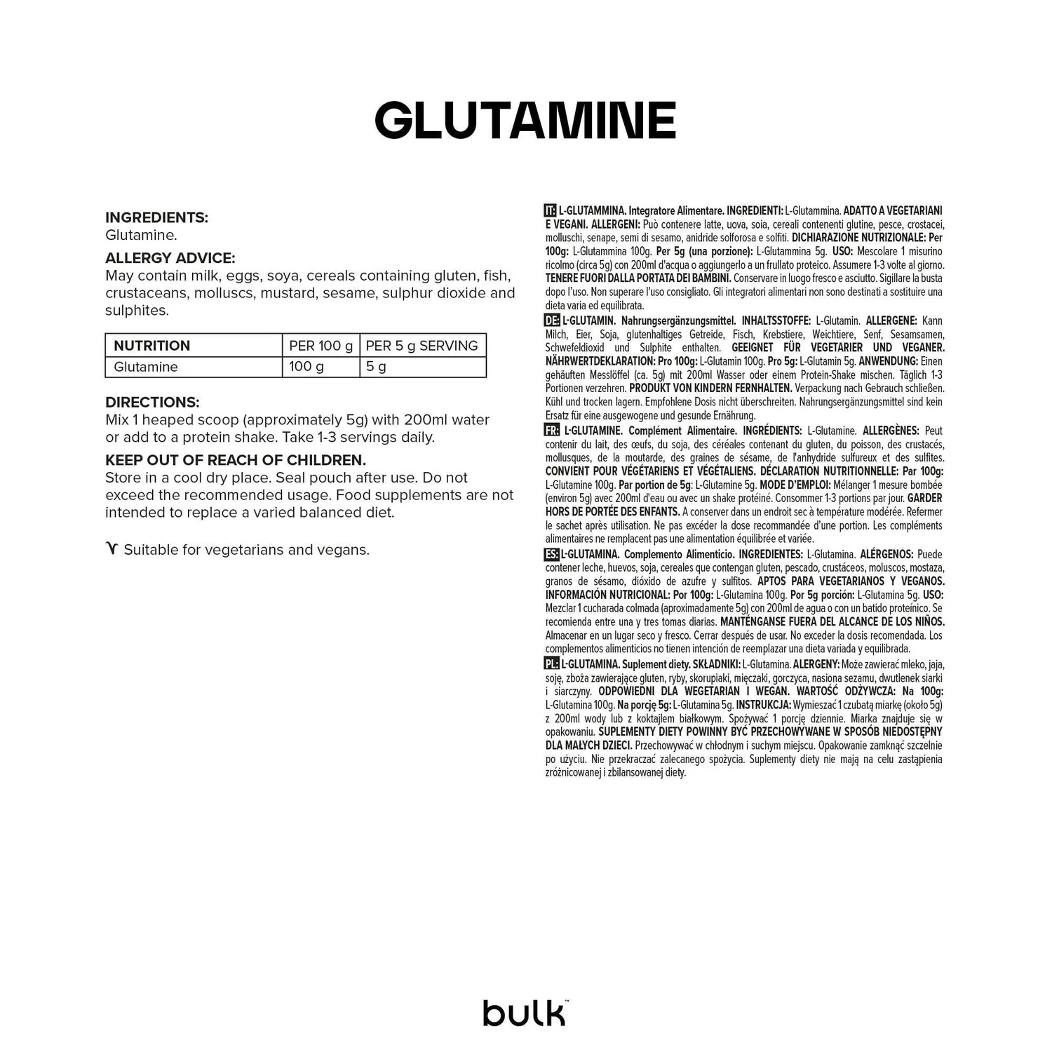 BULK Glutamine en Poudre glutamine nature 500 g pure