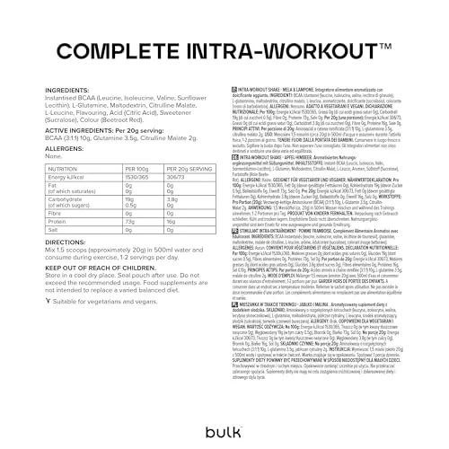 BULK Complete Intra-Workout boisson pomme et framboise 500 g BCAA