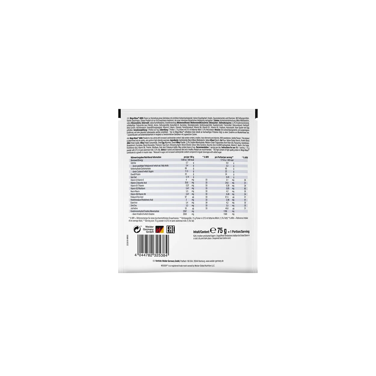 Weider Mega Mass 4000 gainer vanille sachet 75 g protéines et créatine