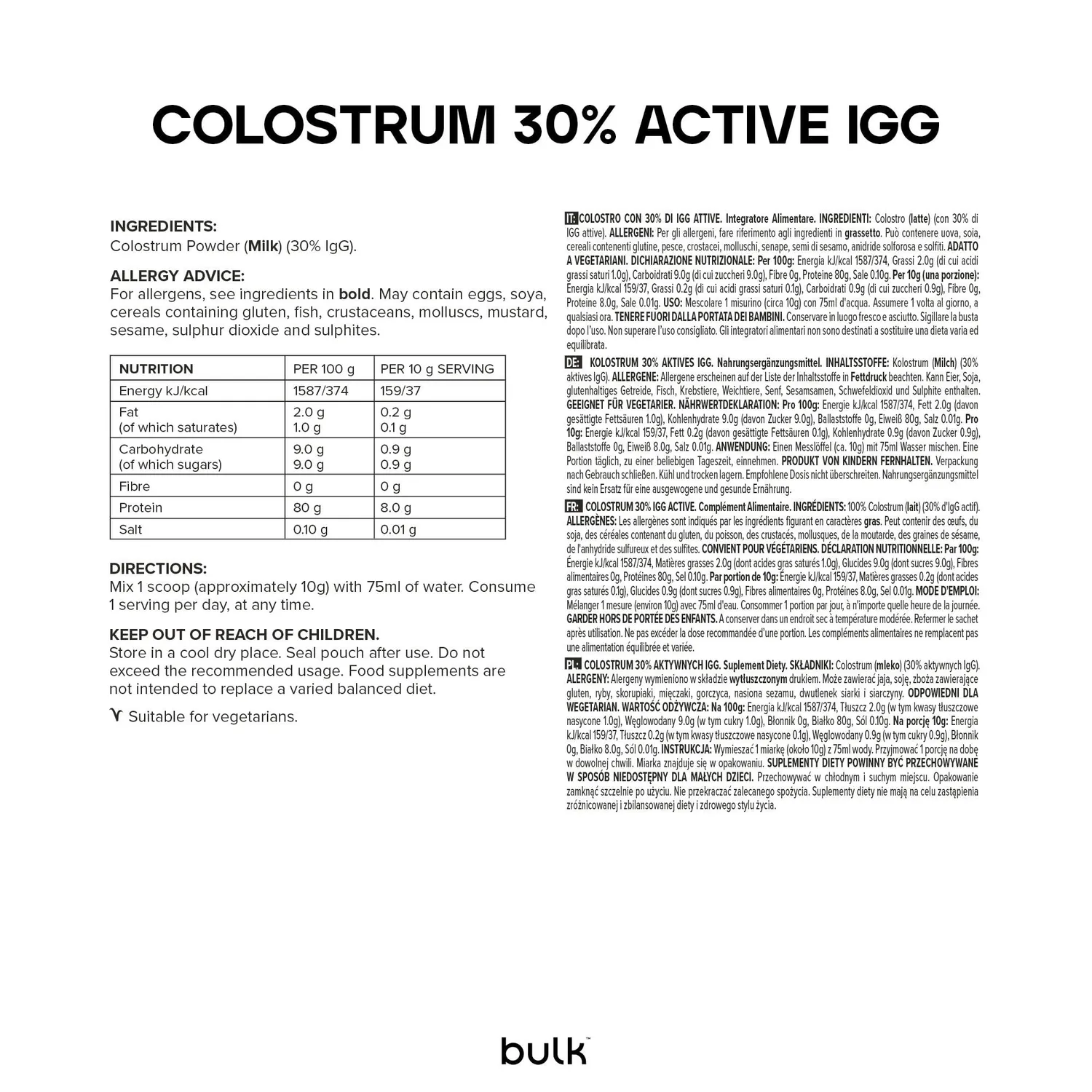BULK Colostrum poudre 500 g, 30 % d’IgG