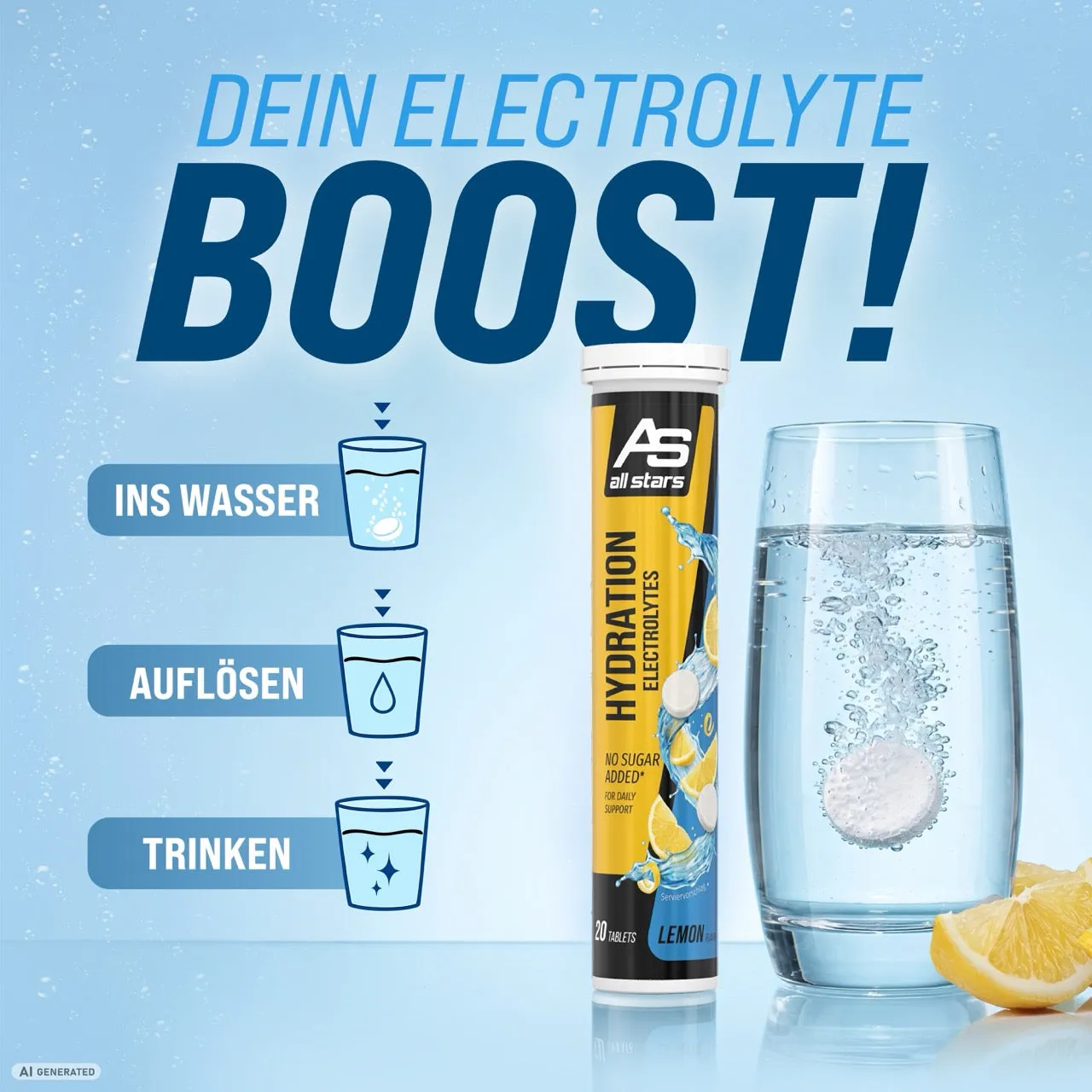 AllStars Hydration Electrolytes comprimés effervescents Lemon et Tropical 20 sans sucre ajouté