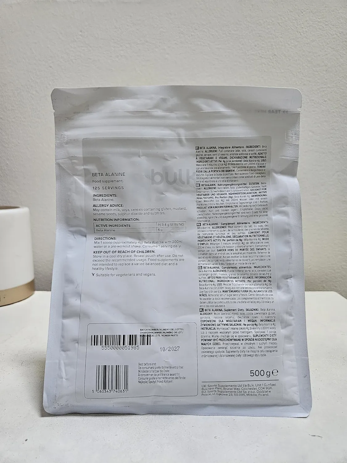 BULK Bêta-Alanine en poudre 500 g sans arôme 4 g par portion