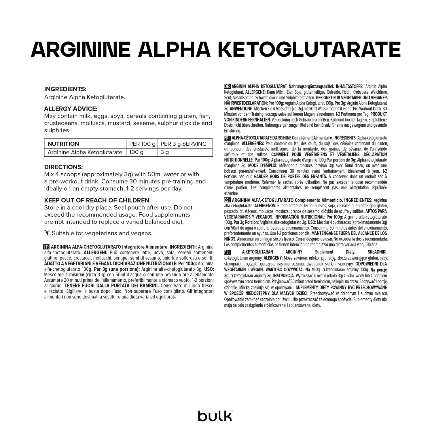 BULK Alpha cétoglutarate d’arginine AAKG 500 g en poudre