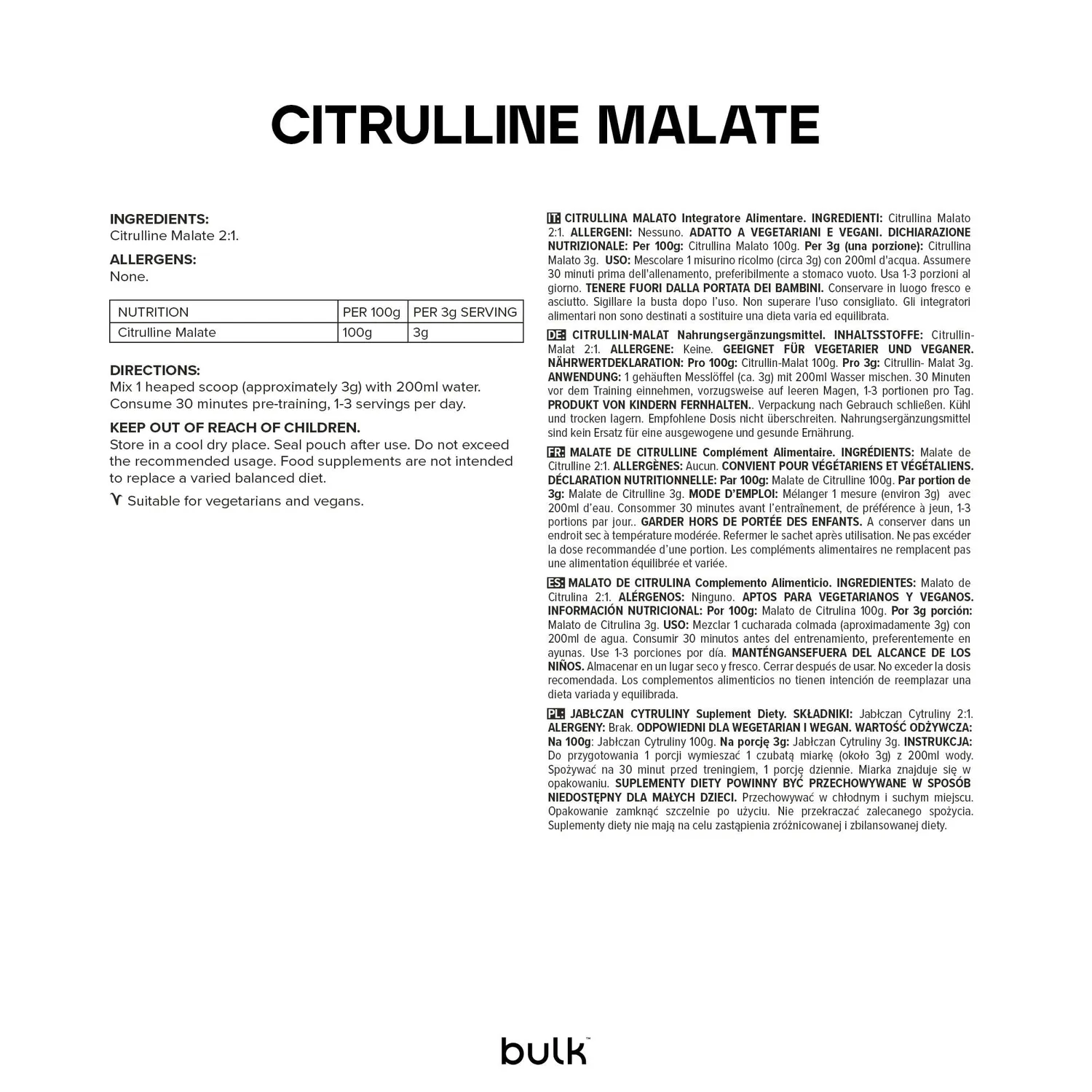 BULK malate de citrulline poudre 500 g ratio 2:1