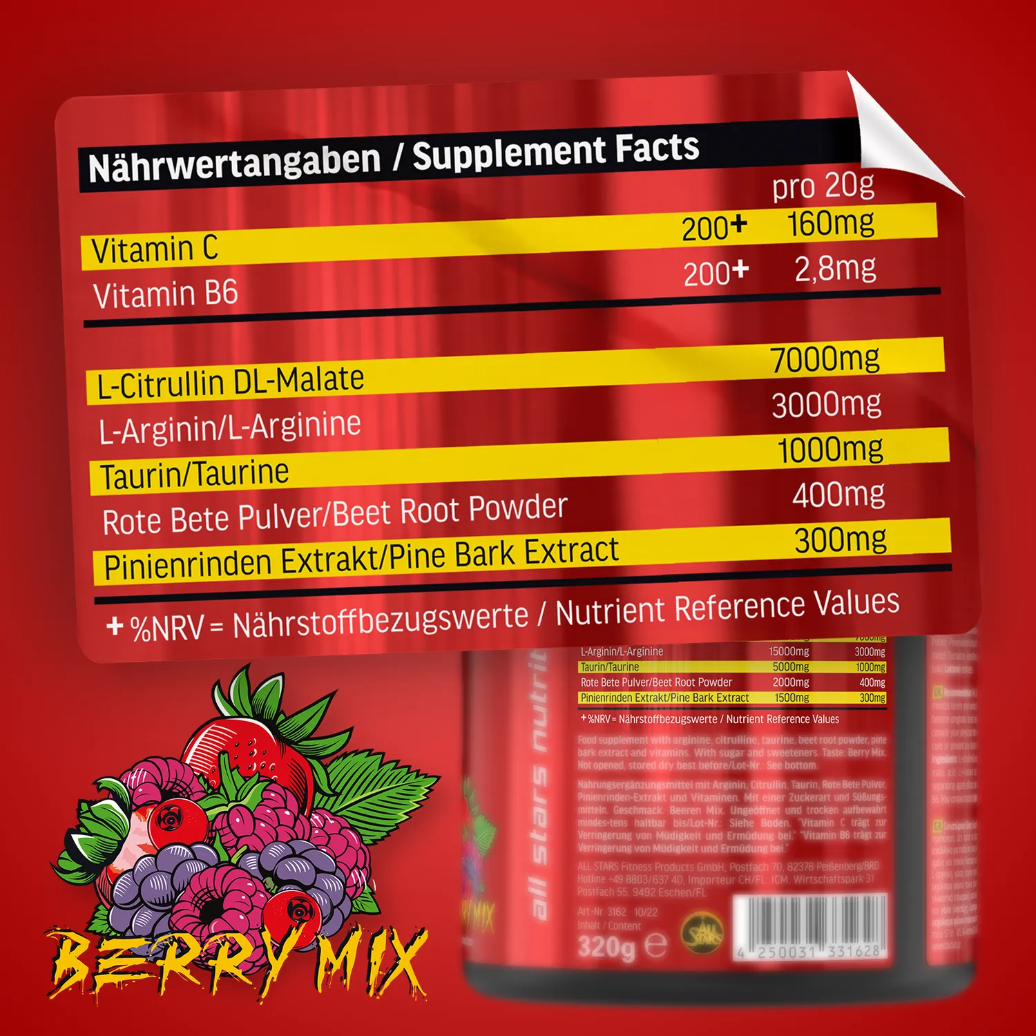 AllStars Pump Booster booster pré-entraînement Fruity Berry Mix 320 g sans caféine