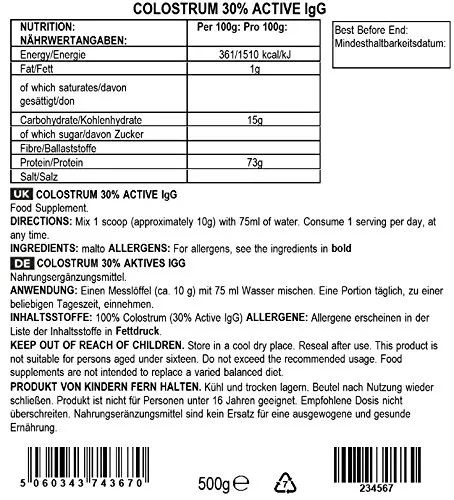 BULK Colostrum poudre 500 g, 30 % d’IgG