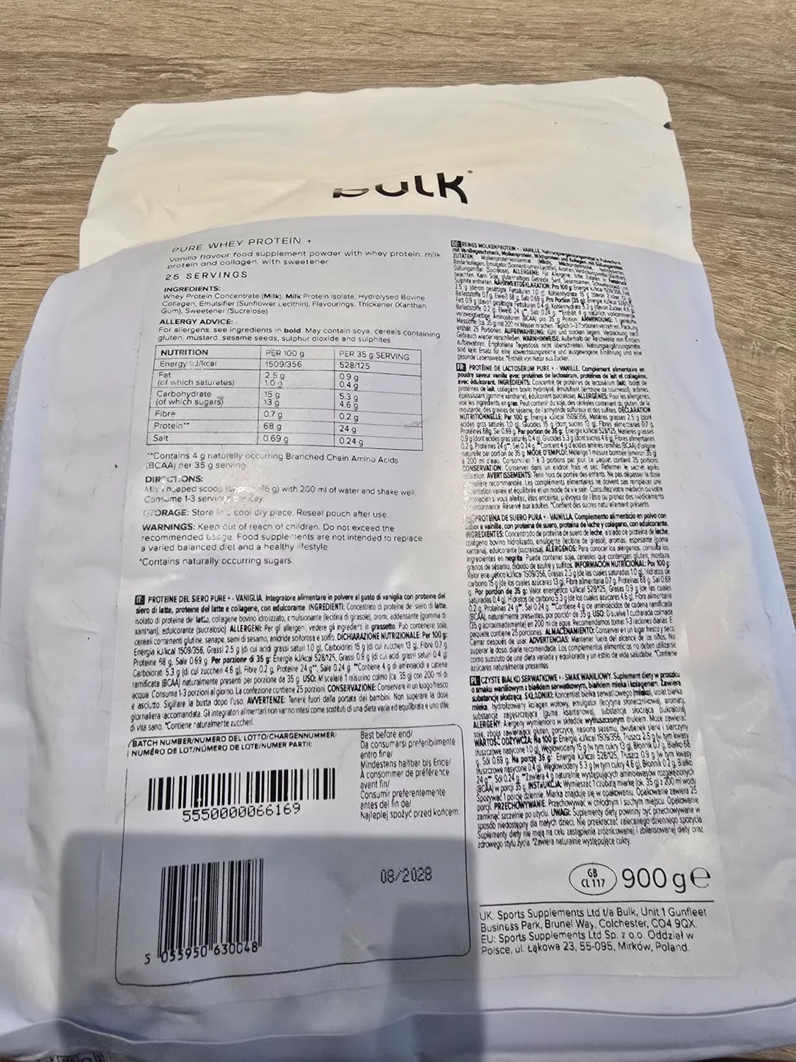 Bulk Pure Whey Protein+ whey vanille 900 g 24 g