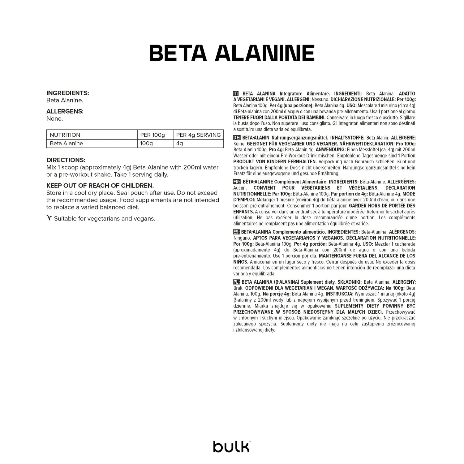 BULK Bêta-Alanine en poudre 500 g sans arôme 4 g par portion