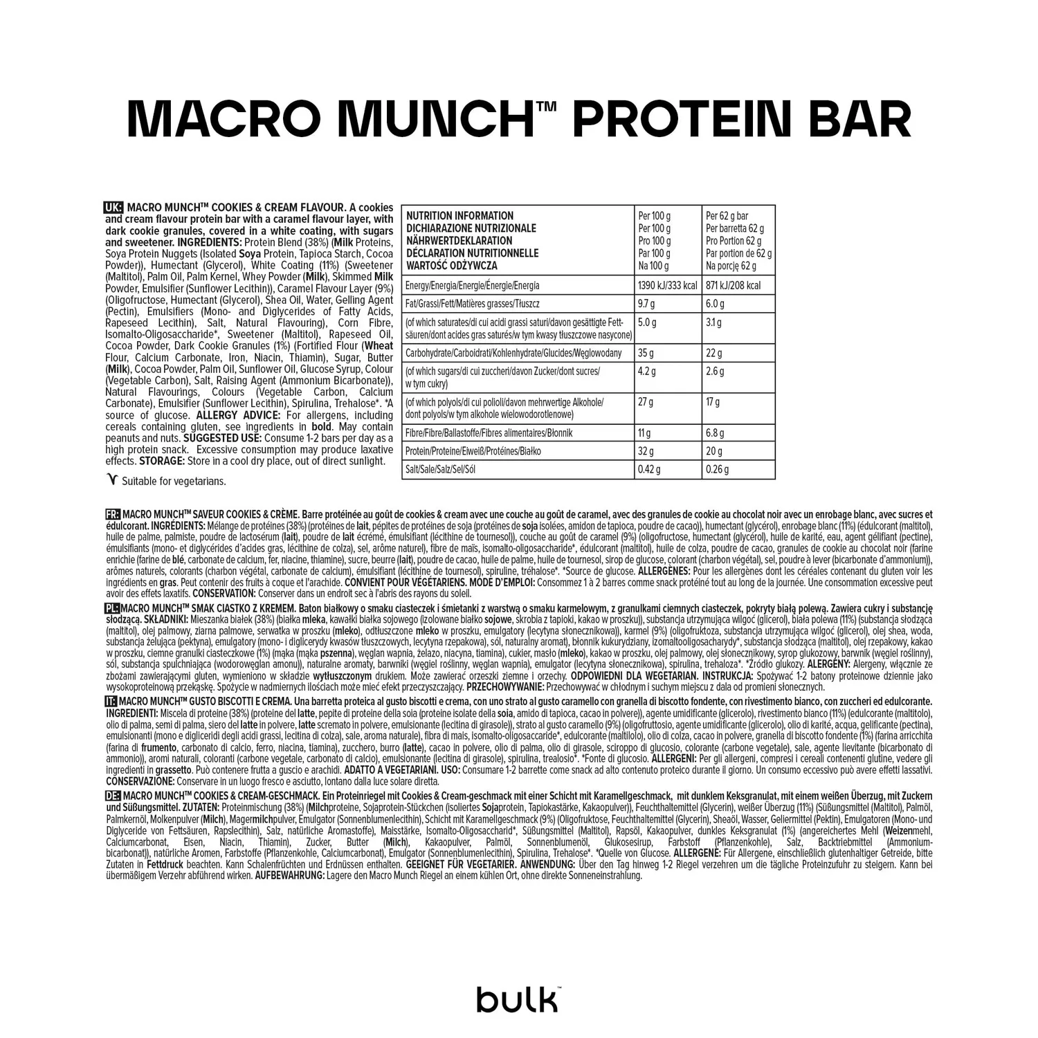 BULK Macro Munch Barre protéinée Biscuit et crème 62 g, riche en fibres