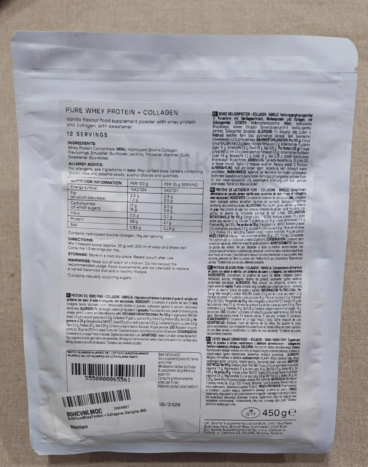 BULK Pure Whey Protein + Collagène poudre vanille 900 g 14 g collagène
