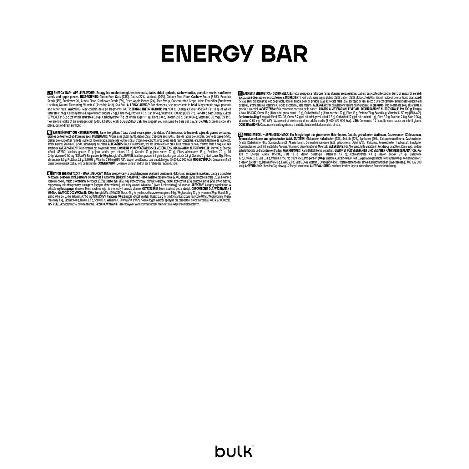 Bulk Energy Bar barre énergétique pomme 12 x 40 g fibres