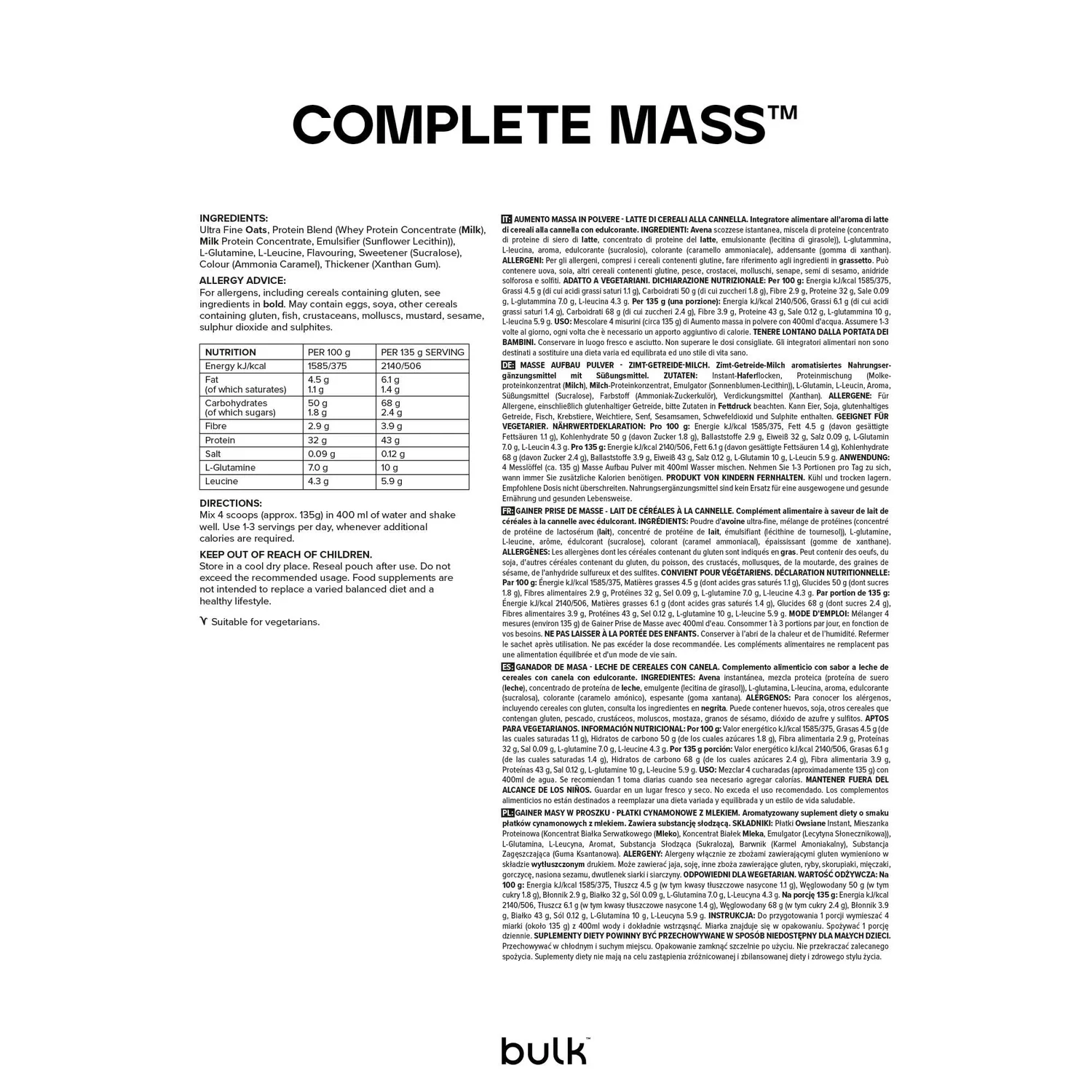 BULK Complete Mass Gainer poudre 2,5 kg lait aux céréales à la cannelle