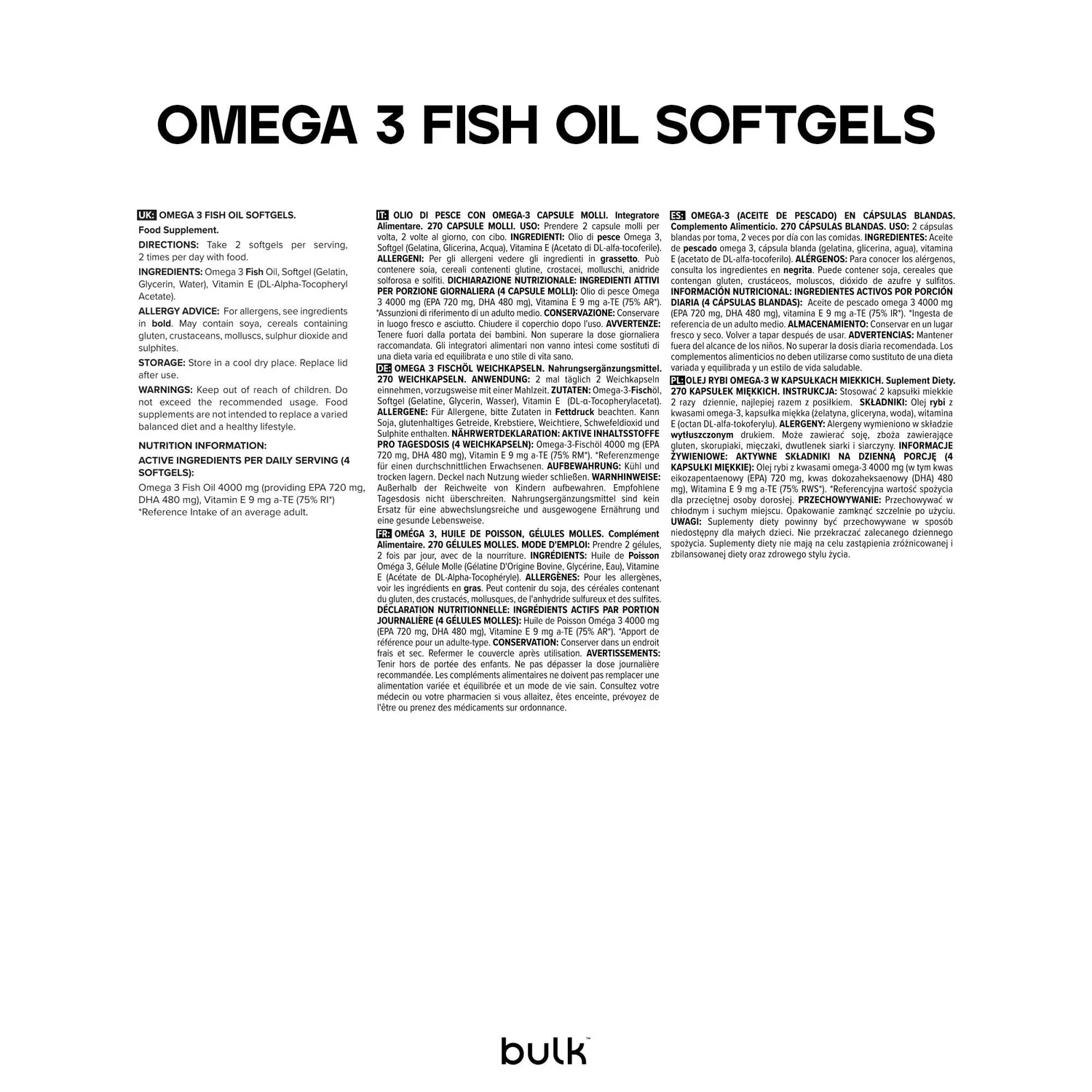 BULK Oméga 3 1000 mg gélules 90 unités EPA DHA