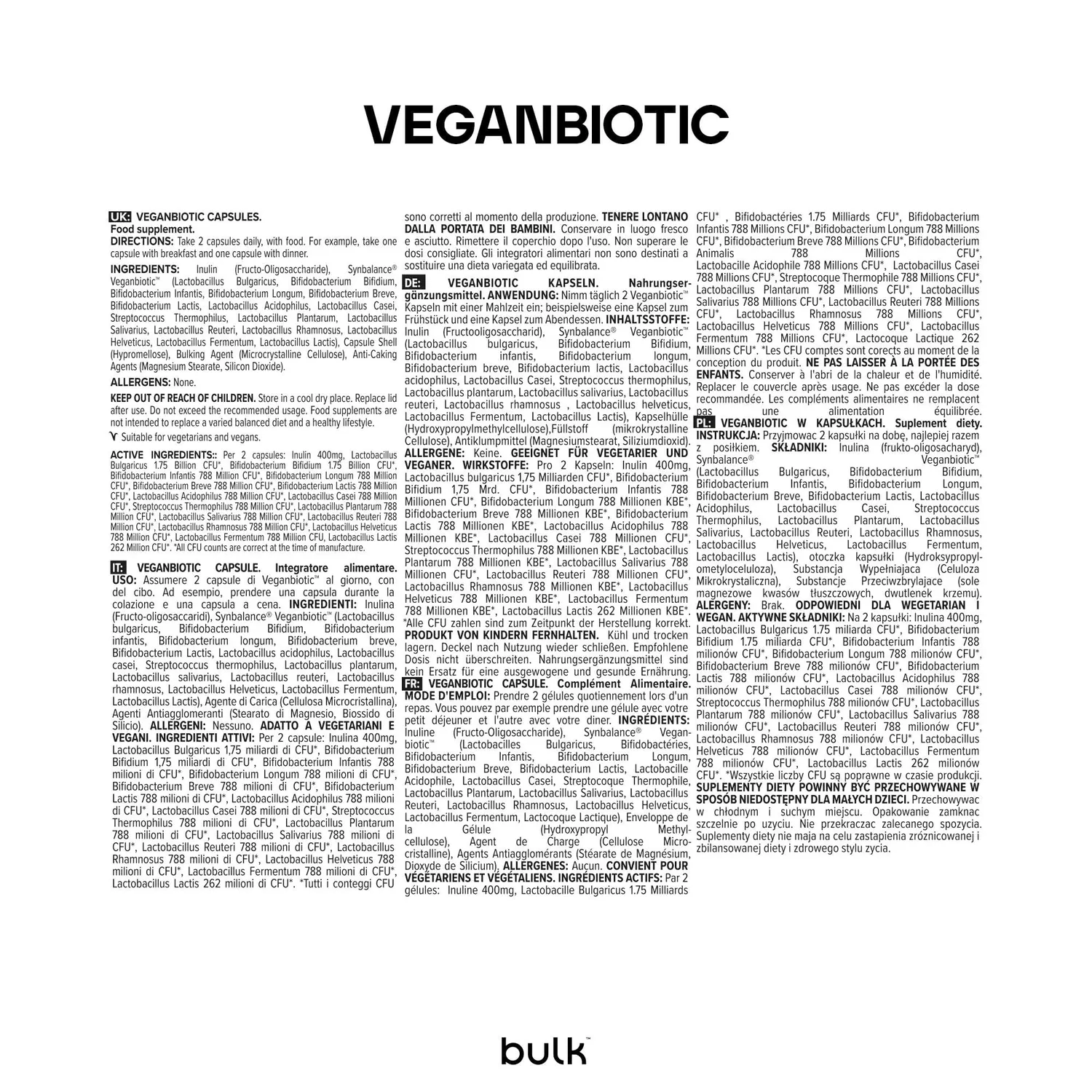 BULK Veganbiotic capsules végétaliennes 60 unités 14 milliards UFC