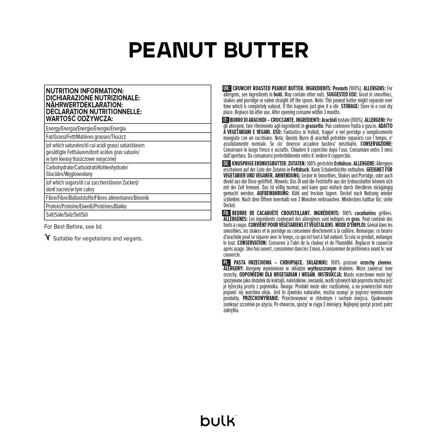 BULK Beurre de Cacahuète croustillant 1 kg 100 % cacahuètes